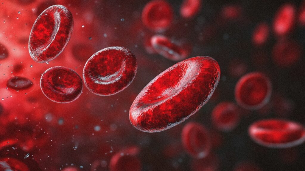 Red blood cells including sickle-shaped cell representing sickle cell disease, as Vertex's Casgevy gene therapy achieves 100% efficacy in pediatric patients at ASH 2025, cementing functional cure monopoly in genetic blood disorders