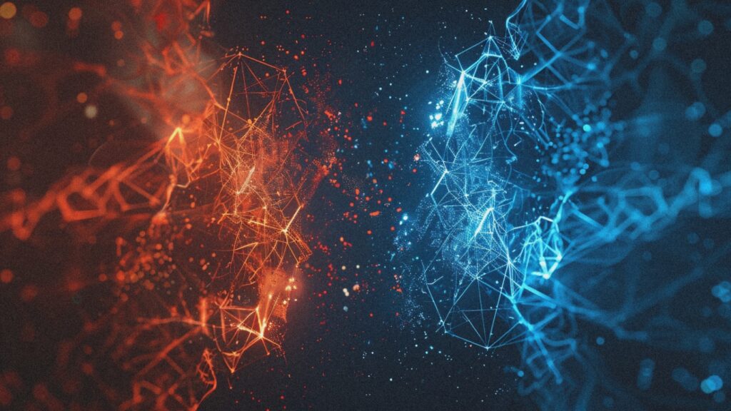 Abstract visualization showing transition from chaotic fast-moving elements on left (redorange particles representing growth at all costs) transforming into stable structured infrastructure on rig