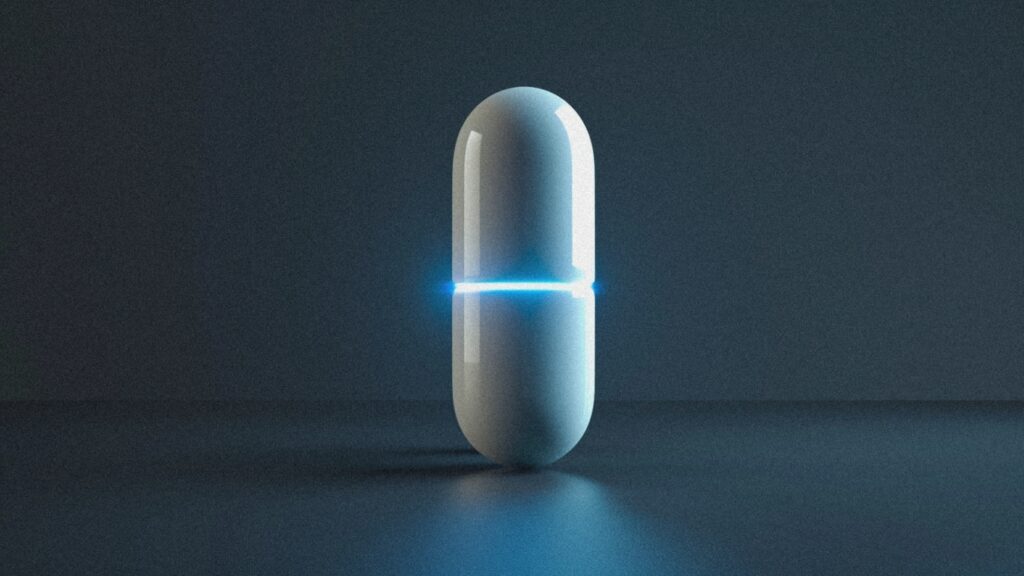 Glowing white pharmaceutical capsule with blue light representing oral GLP-1 obesity therapy innovation, as Pfizer commits $1.9 billion to YaoPharma oral obesity asset and reader poll confirms convenience-focused oral medications will dominate post-injectable obesity era at 36.9% preference over RNA and injectables