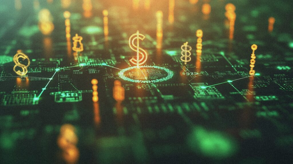 Golden dollar signs emerging from circuit board technology background representing biotech financing momentum, as SciNeuro raises $53M Series B and Triana secures $120M for molecular glue platform, demonstrating accelerated capital deployment into differentiated life sciences innovation
