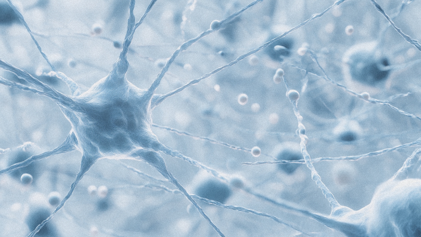 Neural network visualization showing interconnected neurons, representing IntraBio's Phase 3 success in ataxia-telangiectasia and advances in neurodegenerative disease treatment
