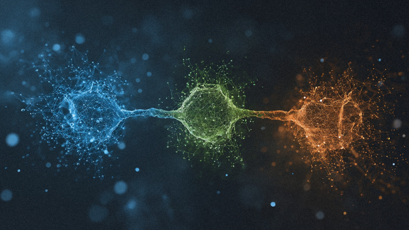 Triple receptor agonist visualization showing three interconnected molecular pathway nodes representing GLP-1, GIP, and glucagon activation in retatrutide obesity treatment mechanism