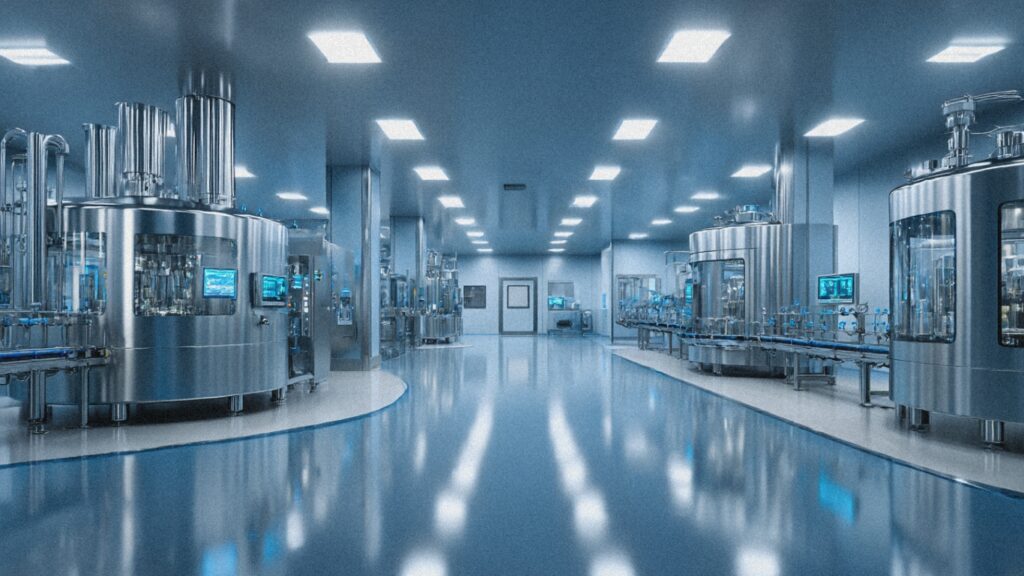 Modern pharmaceutical manufacturing facility interior with stainless steel bioreactors and sterile production equipment