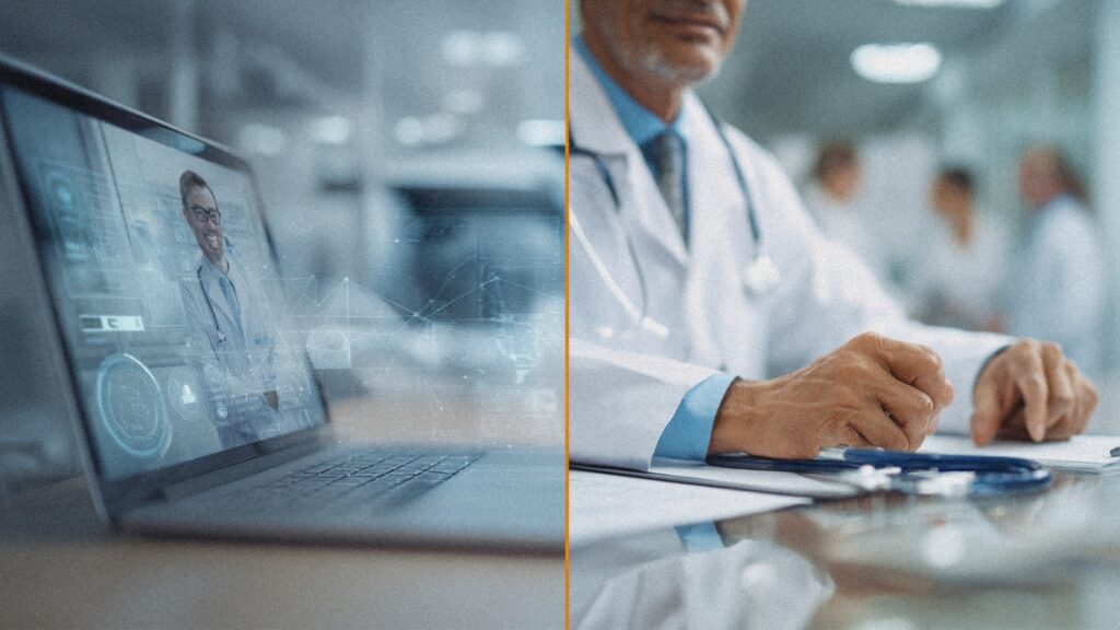 A split-screen or transitional image showing telehealth/virtual care on one side fading to an in-person clinical setting--representing the policy reversion from home-based to facility-based care.